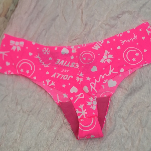 New VS PINK No-Show Smooth V-Cut Holiday Print Thong Underwear Panty - Picture 3 of 5